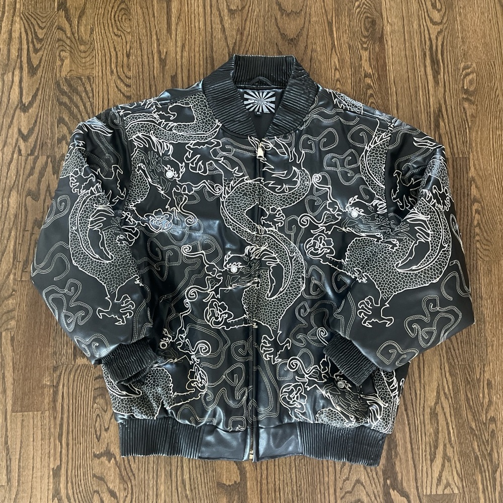 BLUEZ Black / White Embroidered Japanese Style Varsiry Coat